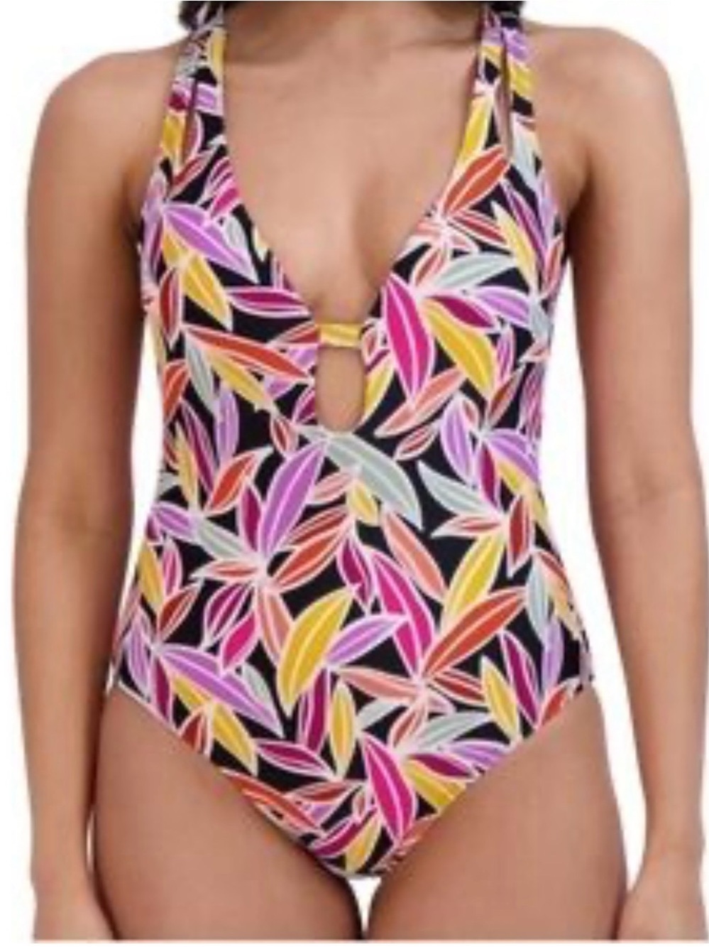 BCBG Paris Multicolor Leaf-Print One-Piece Swimsuit with Center Ring